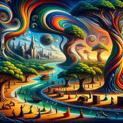 The primary subject of the image is a group of people walking down a path in a forest. The setting is a lush, colorful forest with trees and a body of water nearby. The visual style is a combination of digital art and illustration, creating a vibrant and imaginative scene. The colors and mood are predominantly warm and inviting, with the forest and its inhabitants exuding a sense of tranquility and harmony.